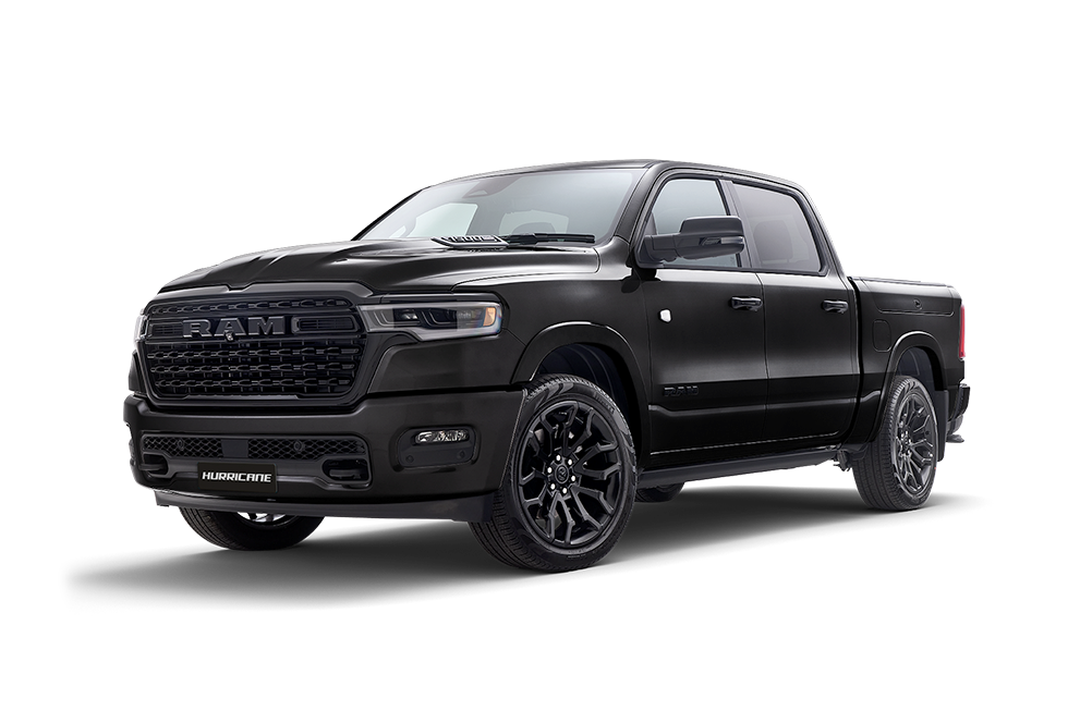 Front 3/4 render of a RAM Truck with a Diamond Black paint finish