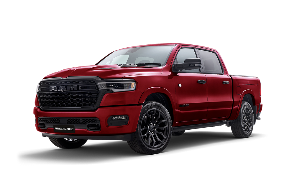 Front 3/4 render of a RAM Truck with a Delmonico Red paint finish