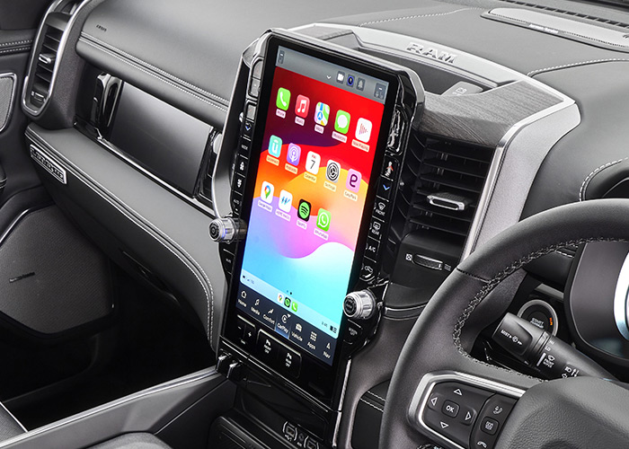 Vertical infotainment screen in a RAM from the drivers side