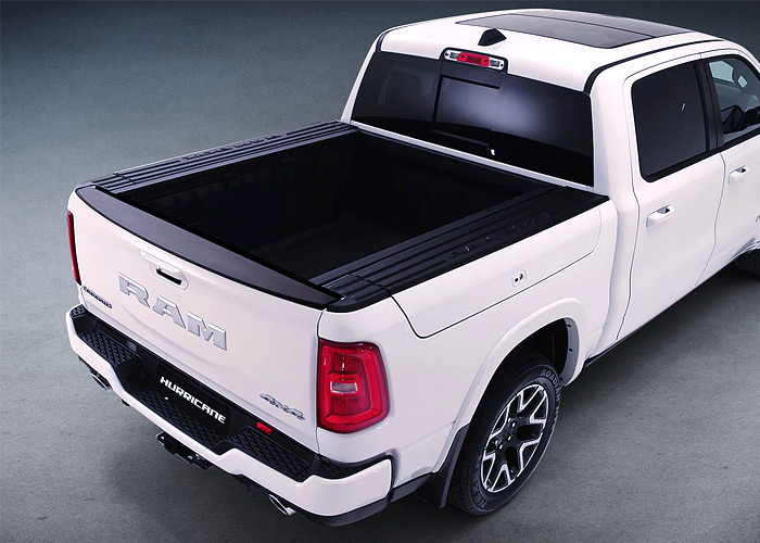 Rear tray of a white RAM truck