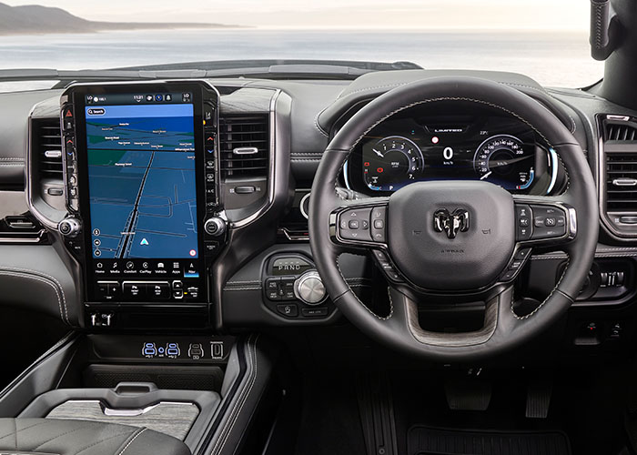 Vertical infotainment screen in a RAM from the drivers side