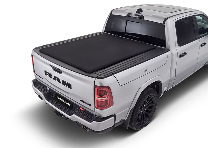Rear tray of a white RAM truck