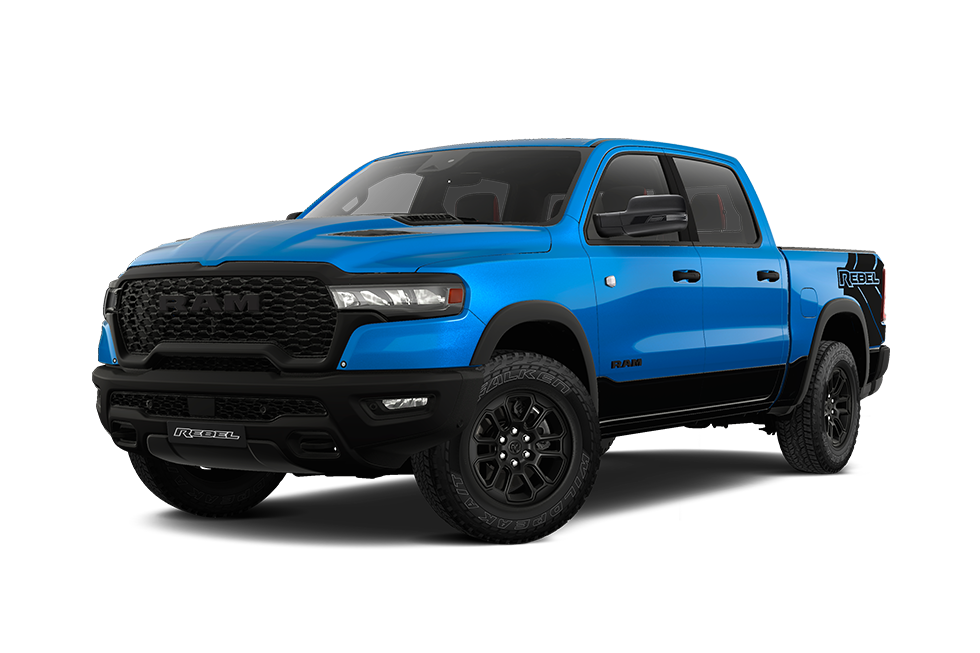 Front 3/4 render of a RAM Truck with a Hydro Blue paint finish