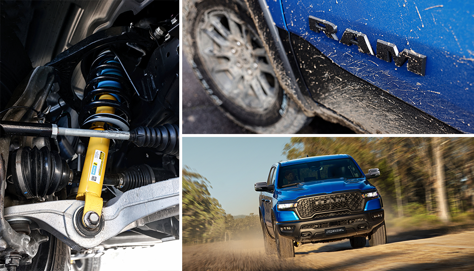 The suspension on the underside of an off-road RAM truck