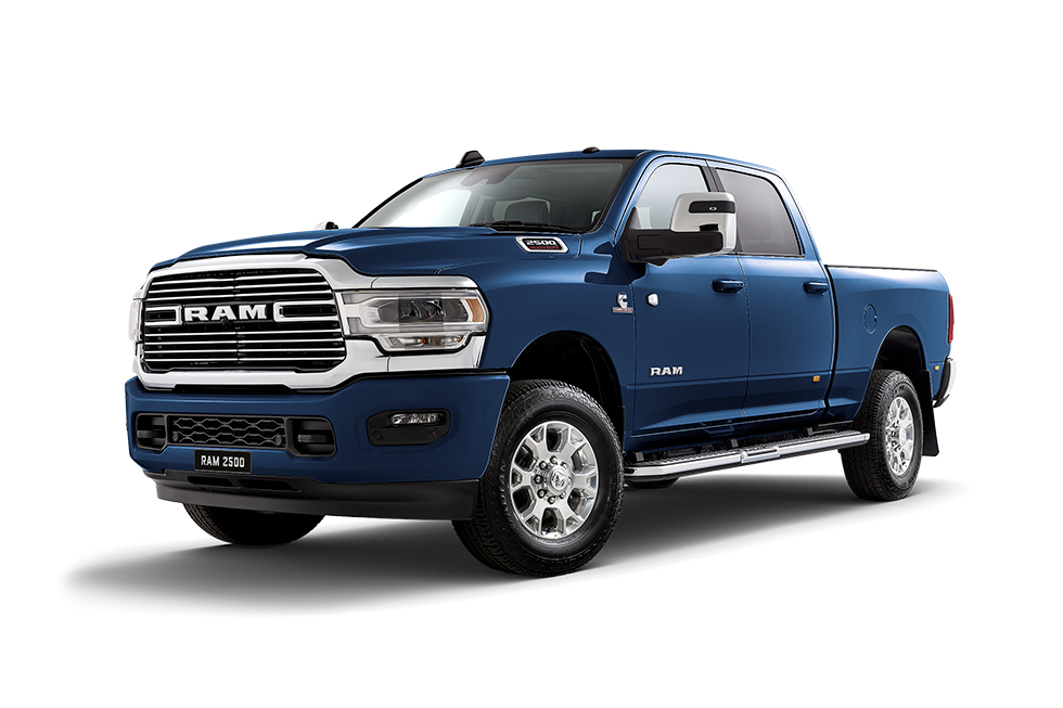 Front 3/4 render of a RAM Truck with a Patriot Blue paint finish