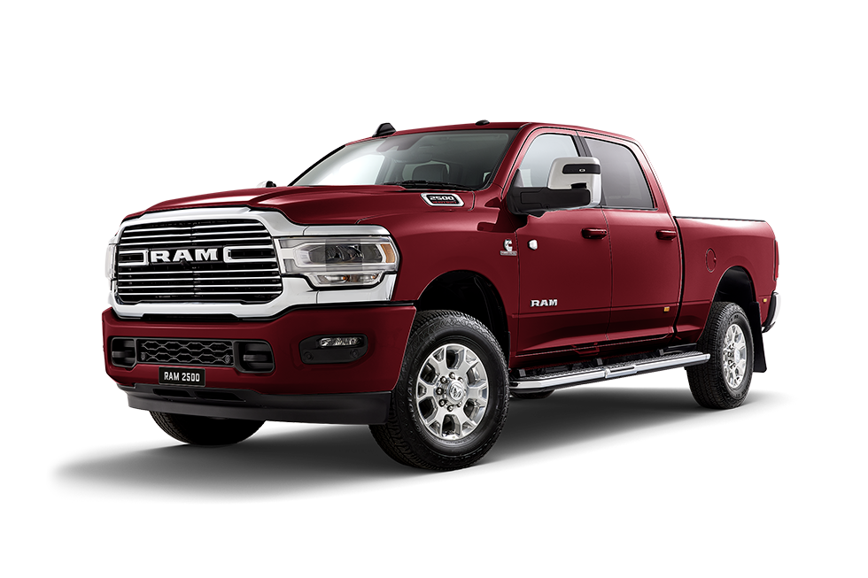 Front 3/4 render of a RAM Truck with a Delmonico Red paint finish