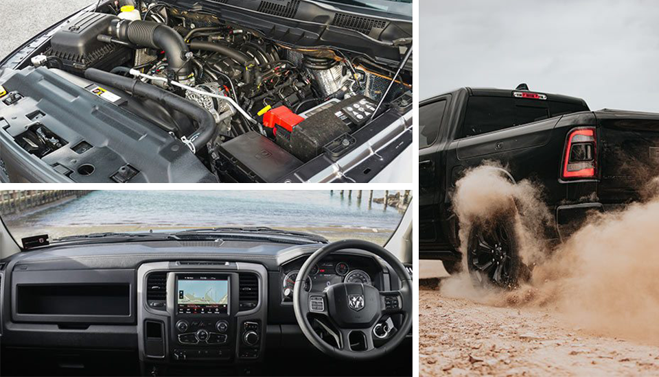 Collage of RAM images, showing a wheel spinning in sand, and engine and the interior dashboard